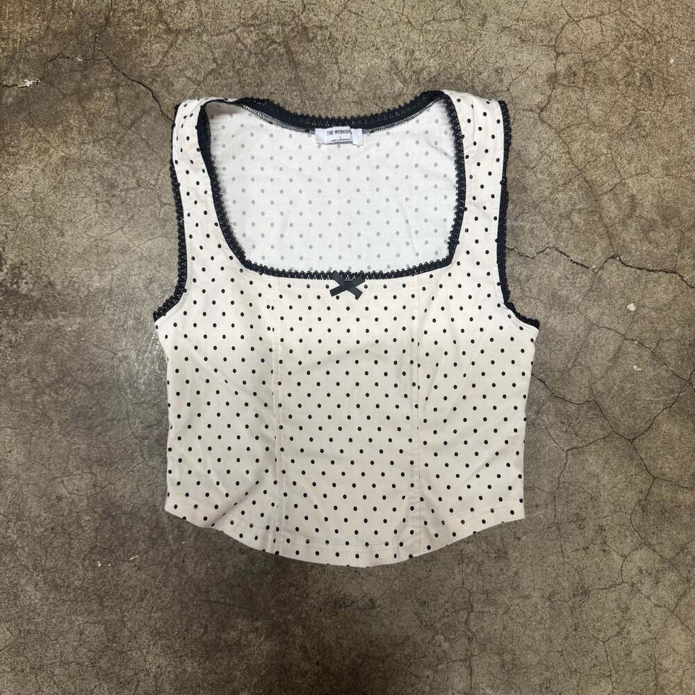 The Workshop Polka Dot Square Neck Crop Tank Top with Black Lace Trim
